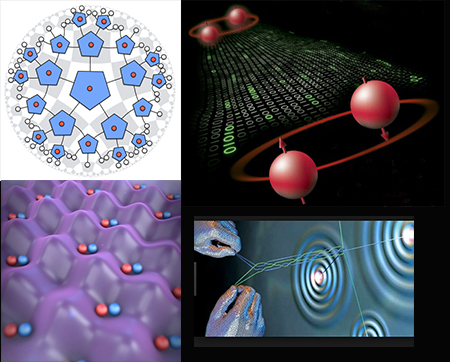 Holographic pentagon code, Pastawski, et al. JHEP 2015; Quantum teleportation, Nature Physics 2006; Artistic Conception of Ultracold Molecules in Optical Lattices, JILA 2017; and Computing with Quantum Knots, Scientific American 2006.