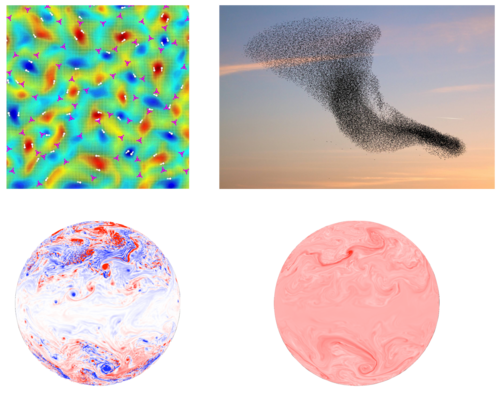 (UL) Active turbulence (Krisitan Thijssen); (UR) Starling murmuration; (B) Planetary atmosphere